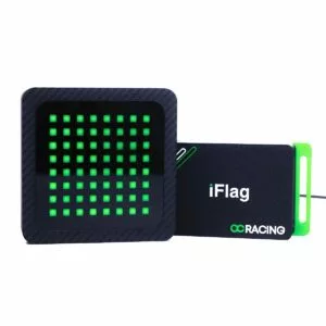 Black square LED panel showing a 7x7 grid of green lights labeled iFlag with a connected dark module marked RACING on the side