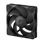 Black 120mm PC cooling fan with a square frame and curved blades Arctic logo centered on the hub