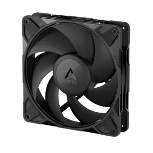Black 120mm PC cooling fan with a square frame and curved blades Arctic logo centered on the hub