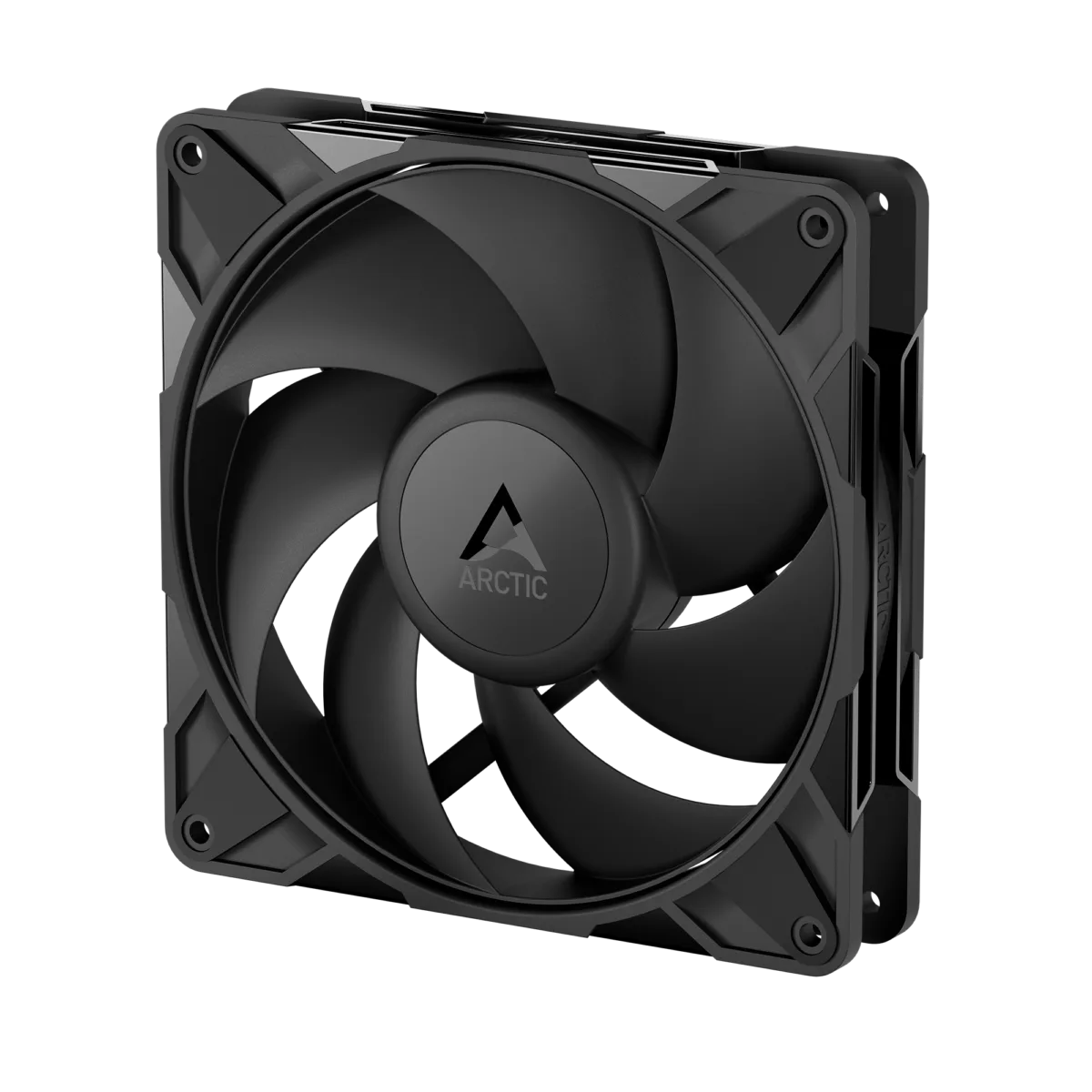 Black 120mm PC cooling fan with a square frame and curved blades Arctic logo centered on the hub
