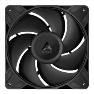 Black square 120mm computer cooling fan with three curved blades and a central hub displaying the Arctic logo subtle white ring accents along blade edges