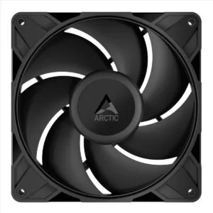 Black square 120mm computer cooling fan with three curved blades and a central hub displaying the Arctic logo subtle white ring accents along blade edges