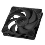 Black 120mm computer case fan with ARCTIC branding viewed at an angle showing blades and frame