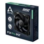 Box packaging for ARCTIC P14 Pro PST 140mm computer case fan featuring a large black fan image and branding on the front