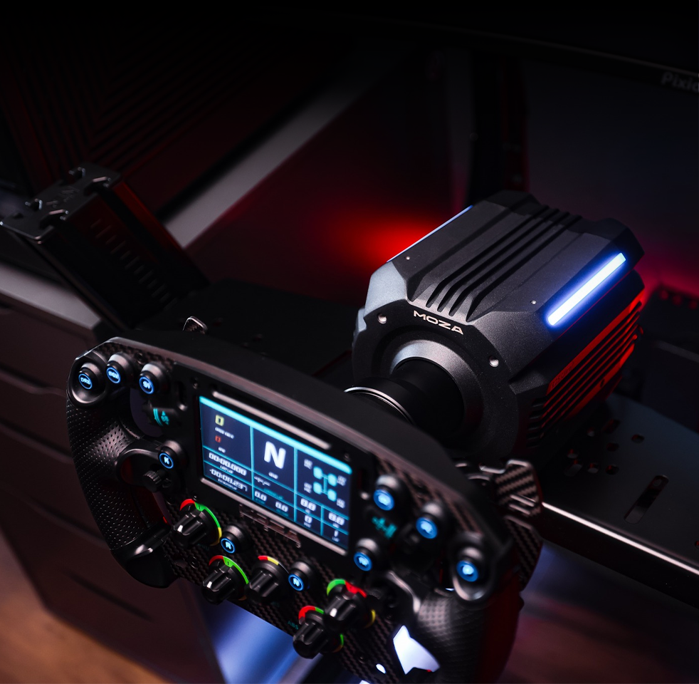MOZA R21 Ultra RGB light strip detail on sim racing rig - OCRacing