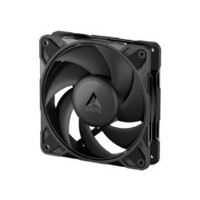 Black PC cooling fan with a central Arctic logo shown at an angled view in a square frame for a computer case