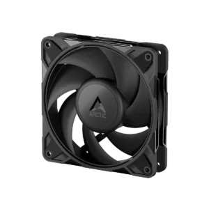 Black PC cooling fan with a central Arctic logo shown at an angled view in a square frame for a computer case