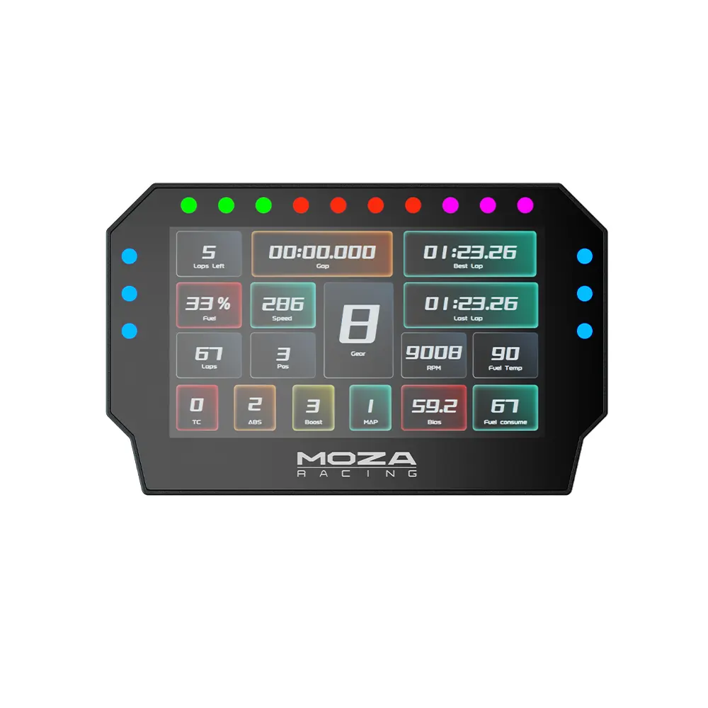 MOZA CM2 HD Racing Dash front telemetry display - OCRacing - OCRacing.eu MOZA CM2 HD Racing Dash front display with telemetry blocks shift LEDs and flag lights OCRacing