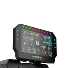 MOZA CM2 HD Racing Dash mounted angled view with RGB shift indicators and telemetry screen   OCRacing