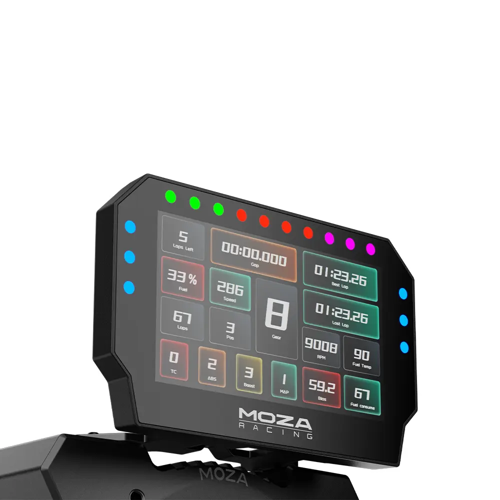 MOZA CM2 HD Racing Dash mounted angled view - OCRacing - OCRacing.eu MOZA CM2 HD Racing Dash mounted angled view with RGB shift indicators and telemetry screen OCRacing