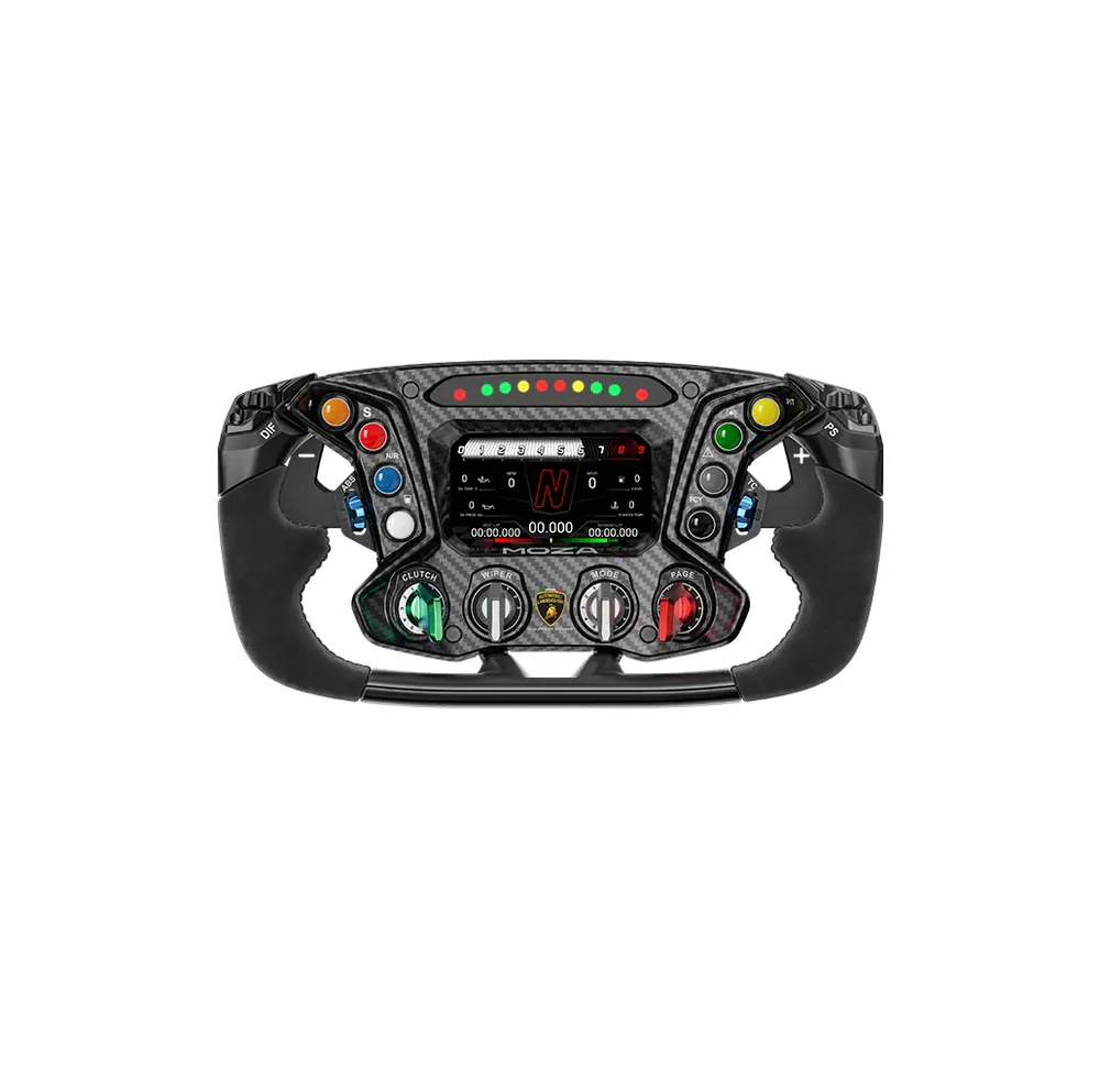 moza-lamborghini-essenza-scv12-sim-racing-steering-wheel-4-ocracing - OCRacing.eu MOZA Lamborghini Essenza SCV12 Sim Racing Steering Wheel front view with display and controls OCRacing