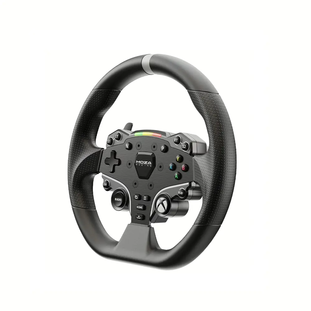 MOZA ESX Steering Wheel angled product view - OCRacing - OCRacing.eu MOZA ESX Steering Wheel angled view showing ISF PU grips buttons and paddle shifters OCRacing