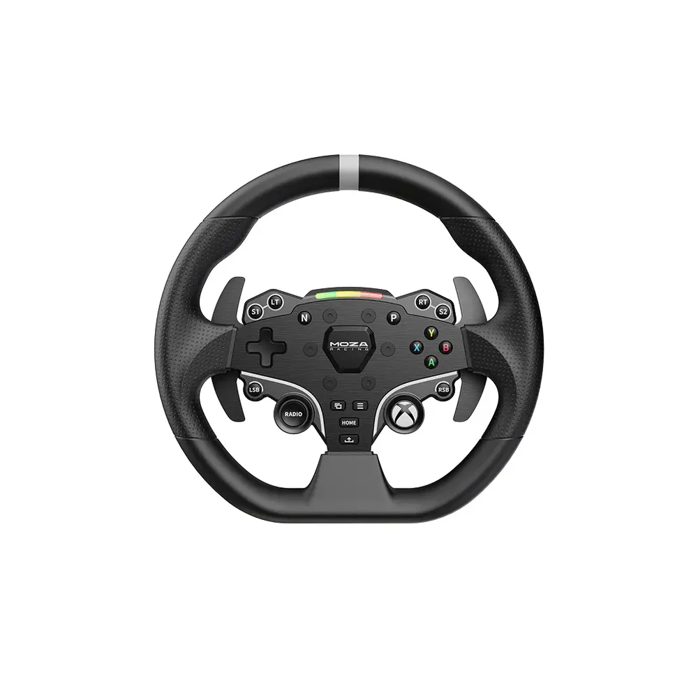MOZA ESX Steering Wheel front view for PC and Xbox - OCRacing - OCRacing.eu MOZA ESX Steering Wheel front view with Xbox controls RPM LEDs and 280 mm rim OCRacing