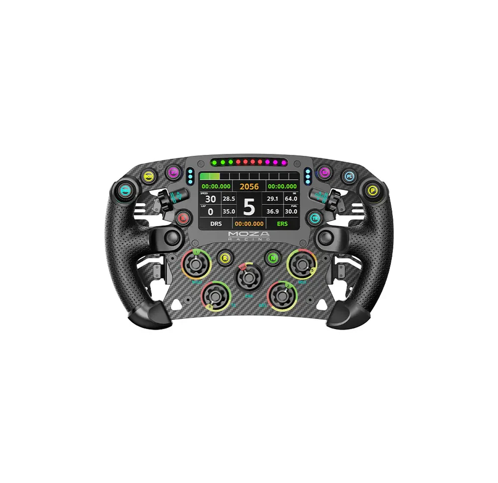 moza-fsr2-formula-wheel-1-ocracing - OCRacing.eu MOZA FSR2 Formula Wheel front view with touchscreen display and carbon fiber face plate OCRacing
