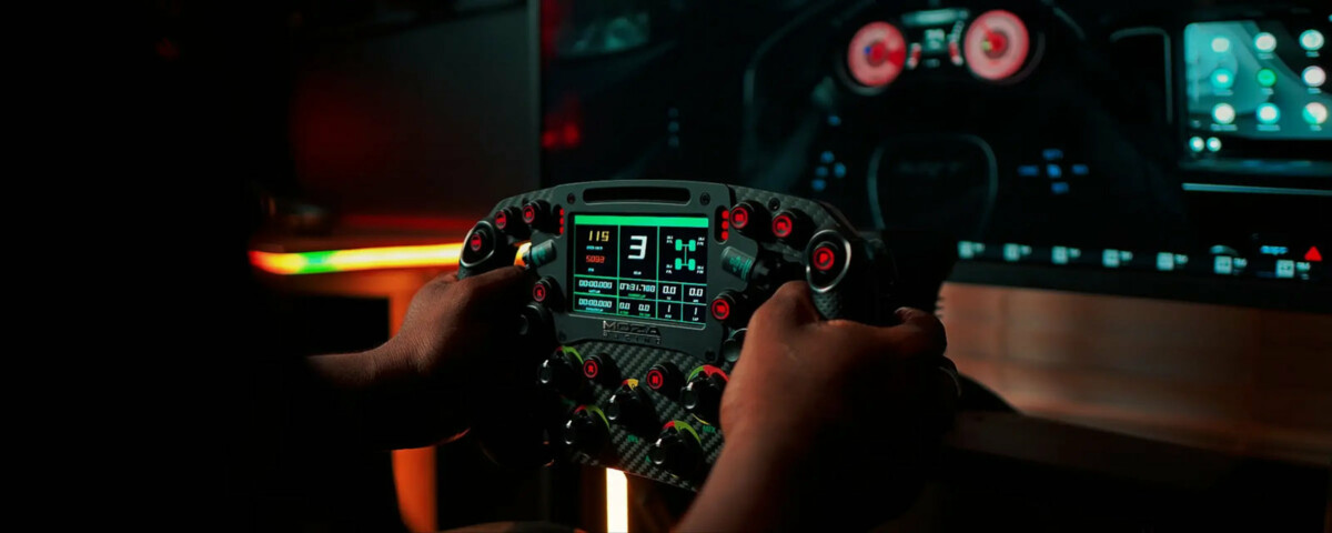 MOZA FSR2 Formula Wheel cockpit view with active touchscreen display - OCRacing