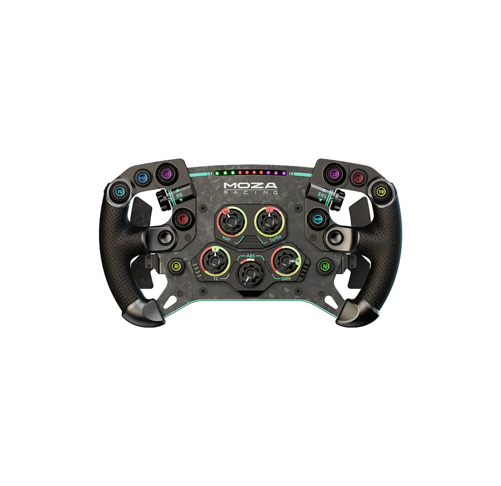 MOZA GS V2P GT Steering Wheel front view with forged carbon frame RGB buttons and GT grips   OCRacing