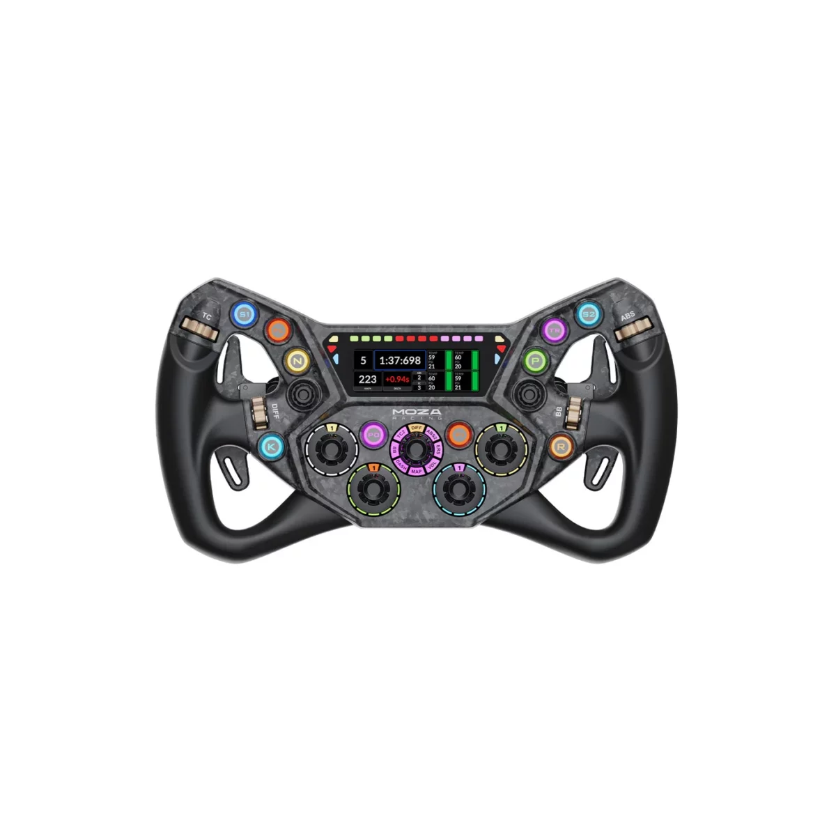 MOZA KS Pro Steering Wheel front view with 299 inch display RGB buttons and rev lights   OCRacing