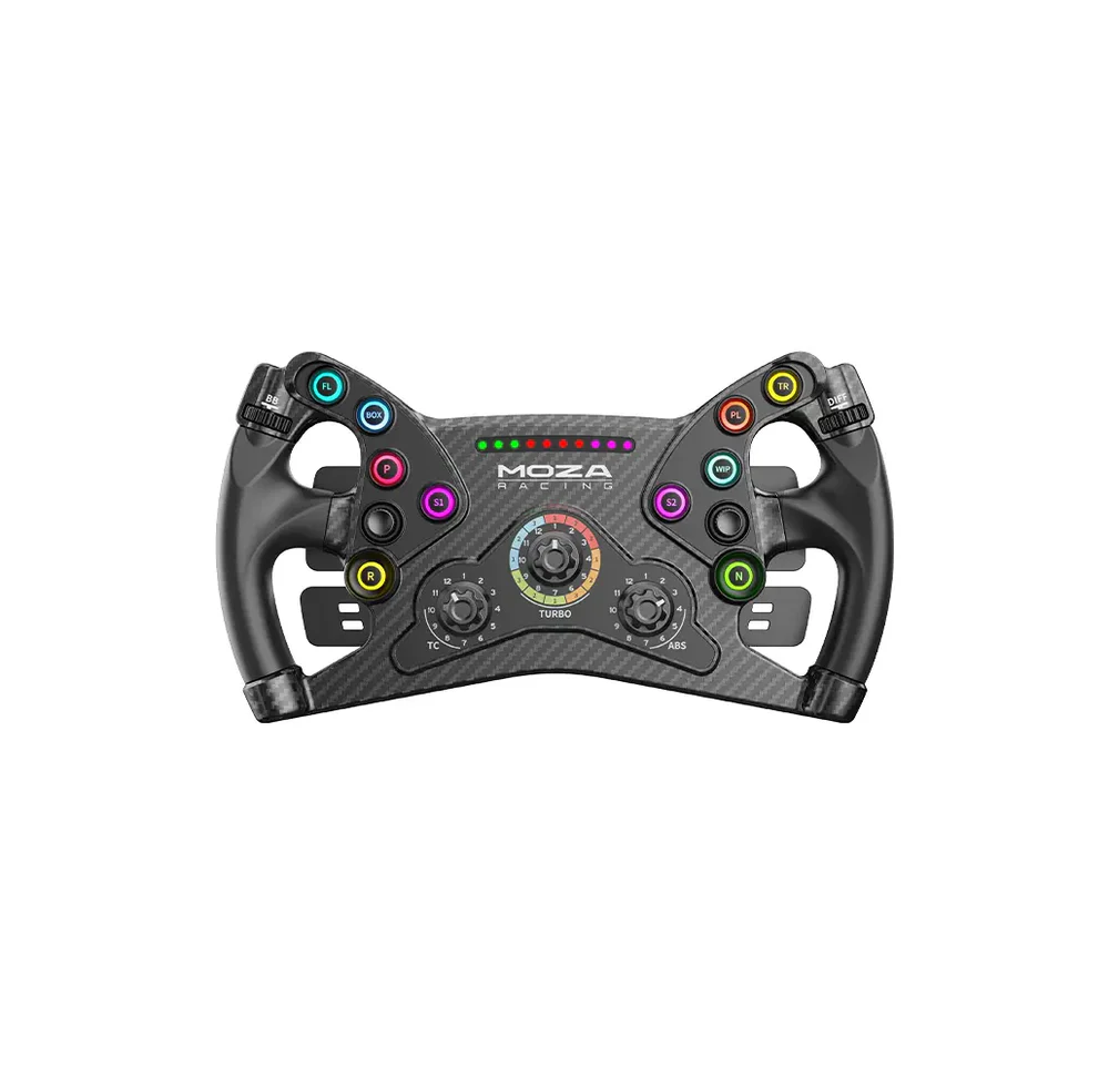 MOZA KS Steering Wheel front view - OCRacing - OCRacing.eu MOZA KS Steering Wheel 300 mm GT front view with RGB buttons rotary encoders and shift LEDs OCRacing
