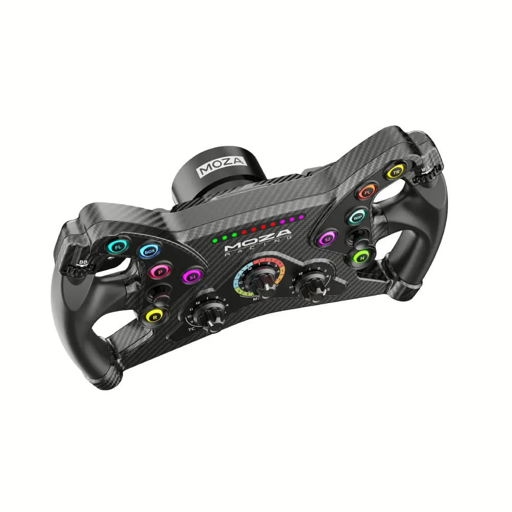 MOZA KS Steering Wheel angled view with carbon fiber reinforced body - OCRacing