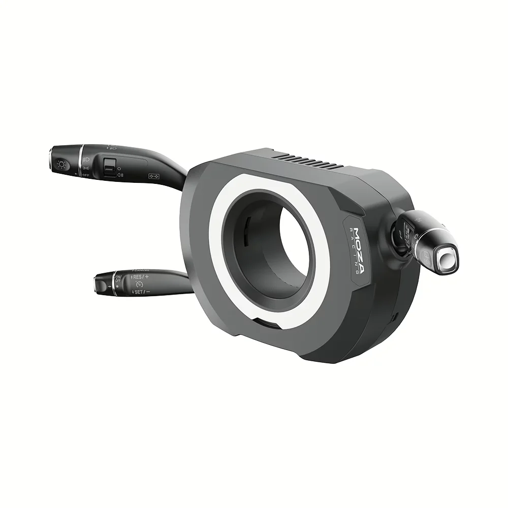 MOZA Multi function Stalks angled view showing car style control stalks and central mounting body   OCRacing