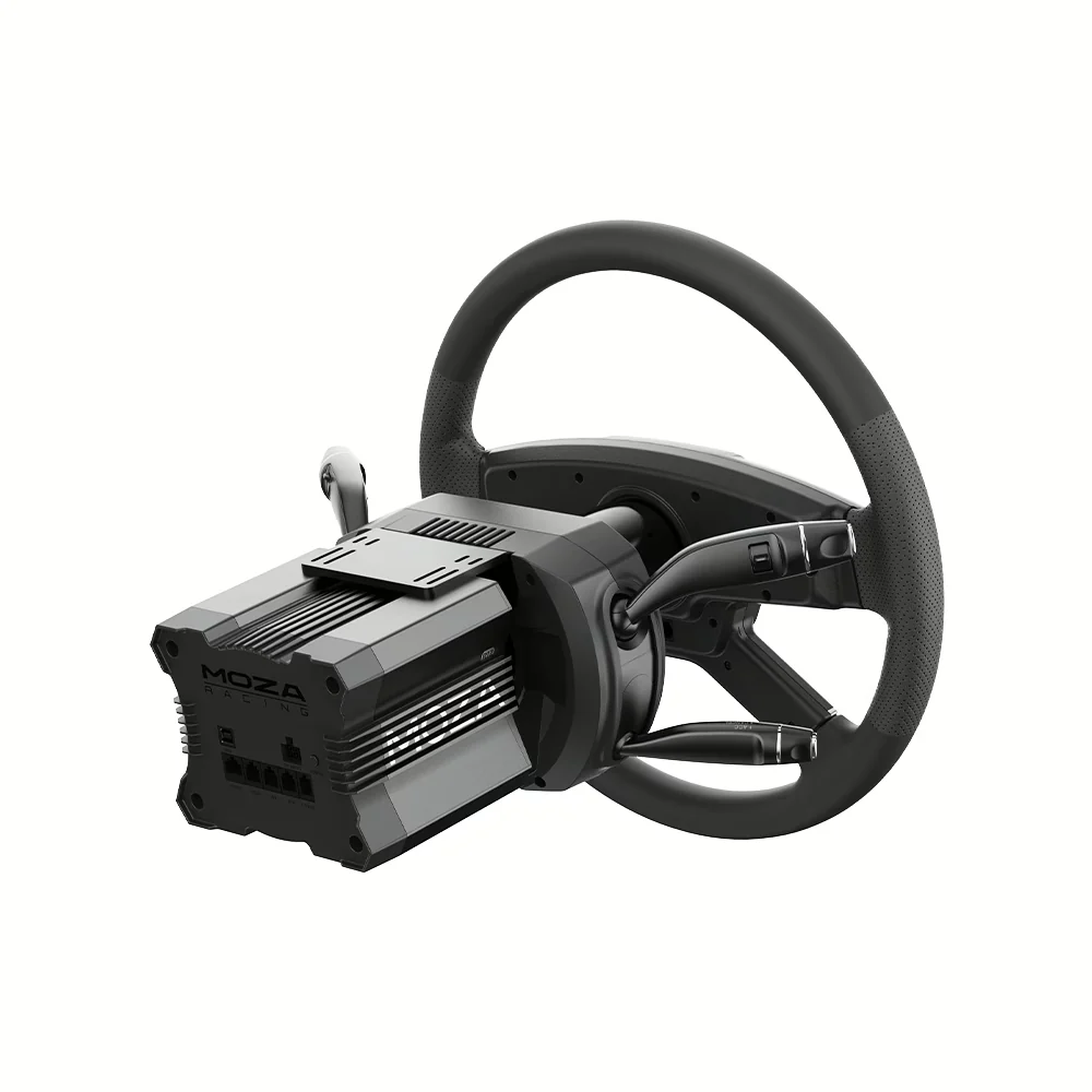 MOZA Multi-function Stalks installed behind a MOZA wheel and base - OCRacing