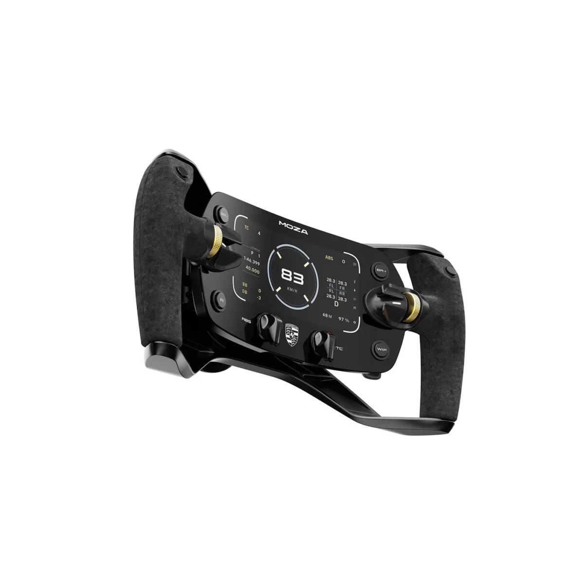MOZA Porsche Mission R Steering Wheel angled product view with suede like grips   OCRacing