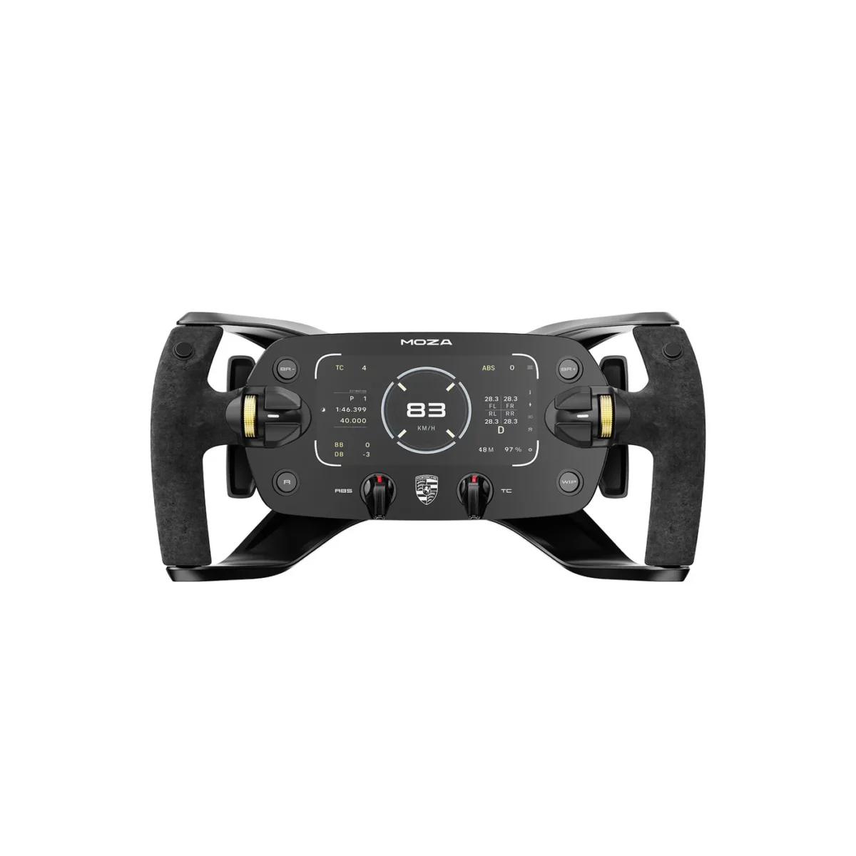 MOZA Porsche Mission R Steering Wheel front product view with display and controls   OCRacing