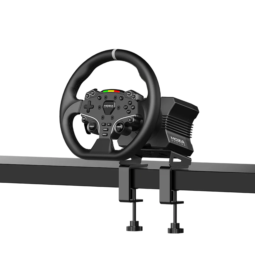 MOZA R5 Racing Bundle mounted on table clamp with ES steering wheel   OCRacing