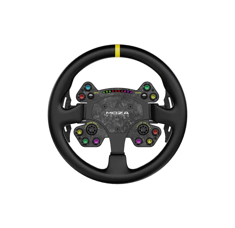 MOZA RS V2 Steering Wheel front view with forged carbon face plate and leather grips   OCRacing