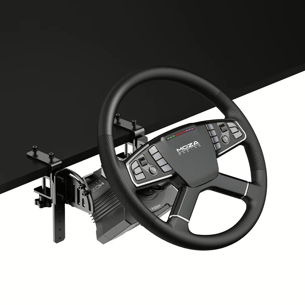 MOZA R5 Trucking Bundle side view with truck wheel clamp and pedals   OCRacing