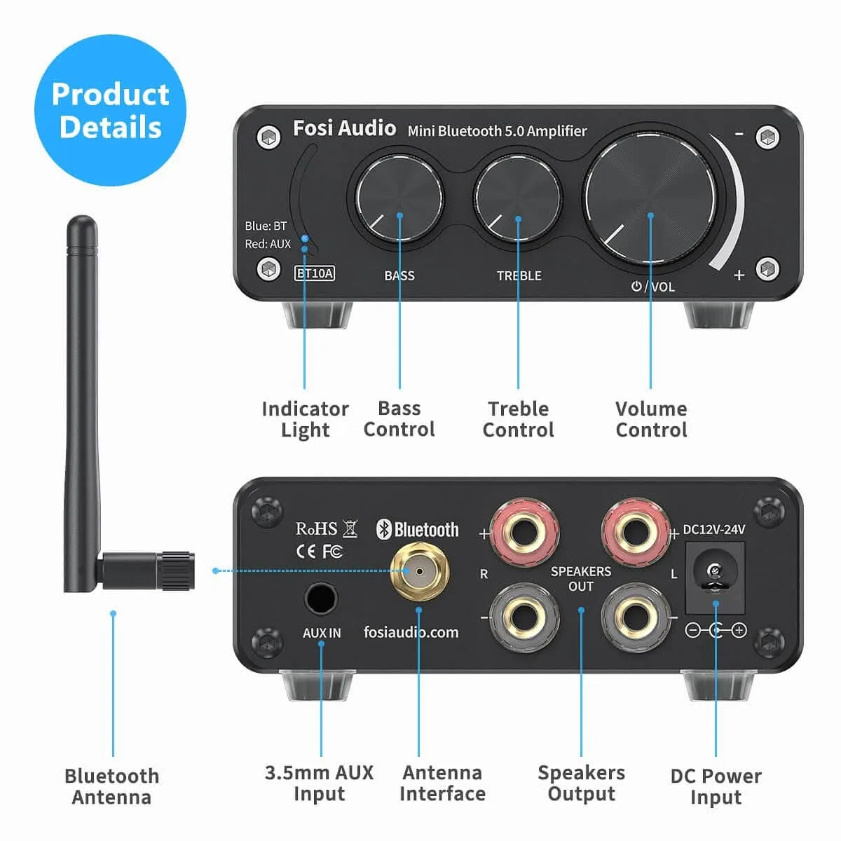 Fosi Audio BT10A Bluetooth 5.0 Stereo Amplifier 2x50W