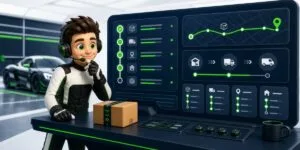 Cartoon delivery agent with headset at a high tech control desk package on the counter car in the background