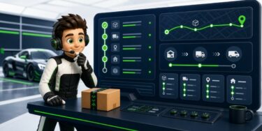 Cartoon delivery agent with headset at a high tech control desk package on the counter car in the background