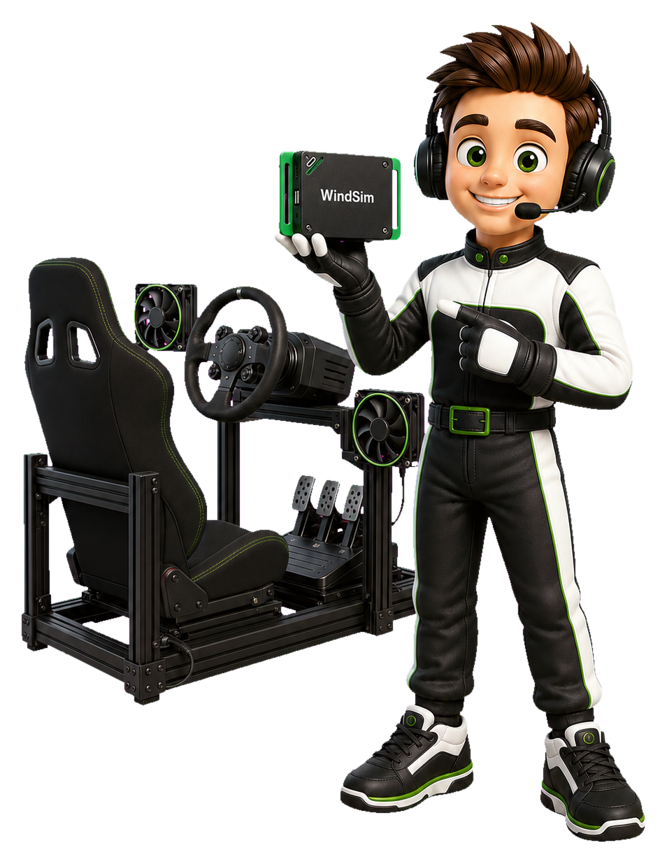 Ocie holding the WindSim control box beside a sim racing cockpit